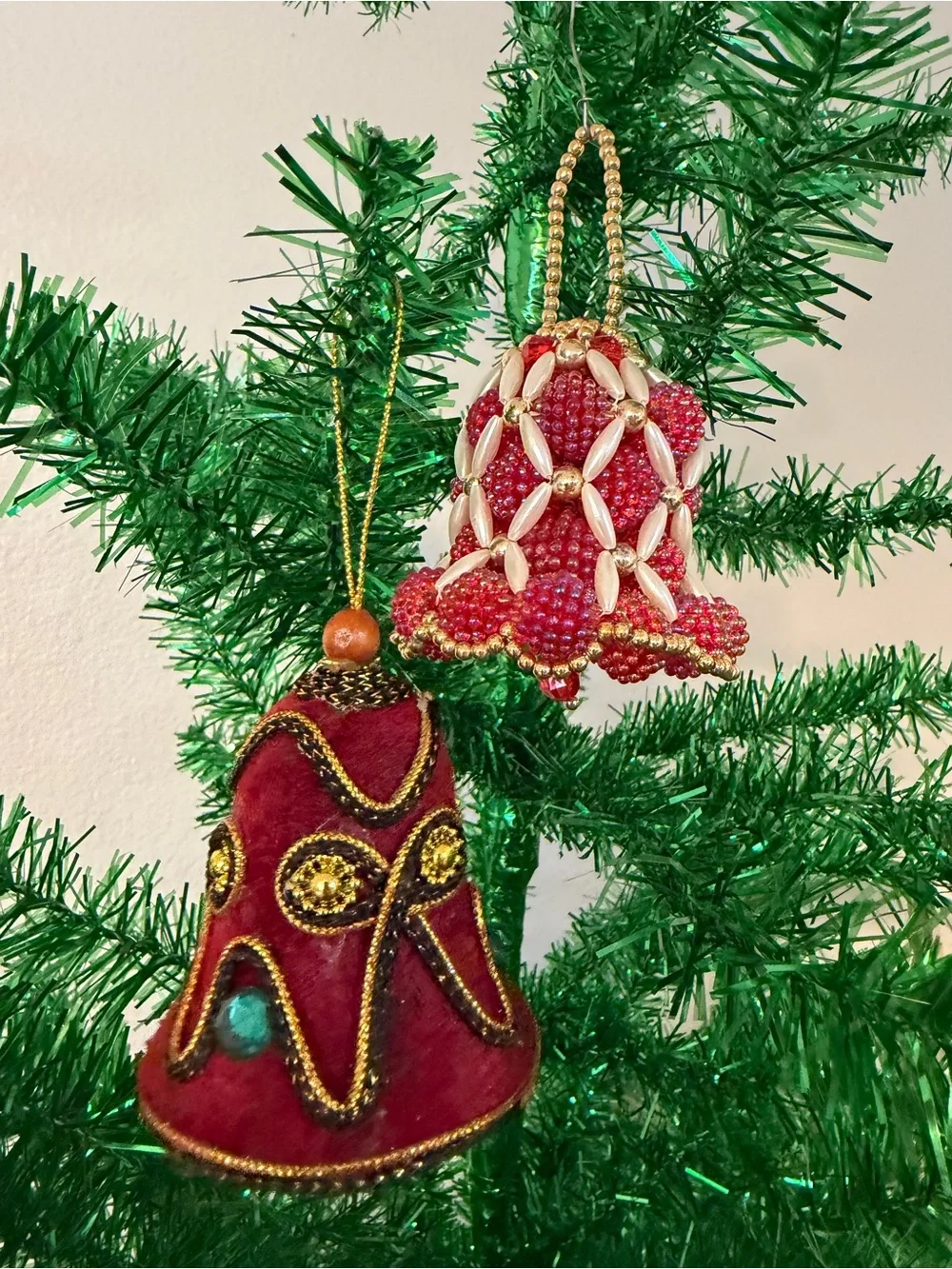 Vintage Christmas Beaded Velvet Bell Bauble Ornaments Small Red Set Of 2 Hanging